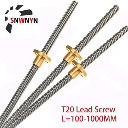 T20 Lead Screw 100 150 200 250 300 350 400 450 500 600 1000mm Picth 4mm Lead 4mm Trapezoidal Screw With Brass Nut For 3D Printer
