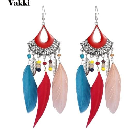 VAKKI Cool Fan-Shaped Long Rice Beads Ear Stud Earrings Alloy Drop Oil Feather Ear Stud Bohemian Ear