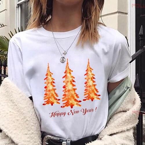 Happy New Year Christmas Tree Graphic Print T-shirt Women Harajuku Aesthetic Korea Tshirt New Fashion White Tops Female T Shirt