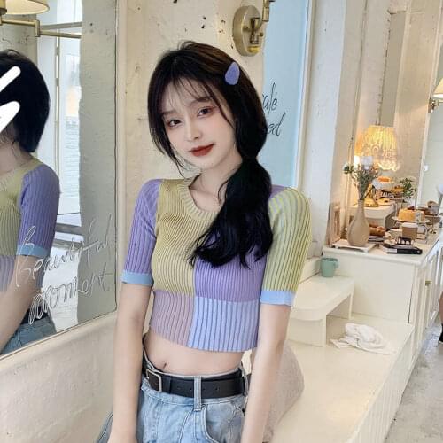 Woman TShirts Womens Knitted Vertical Stripes T-shirt Shory Style Top 2020 Slim T-shirt Crop Top Mujer Camisetas