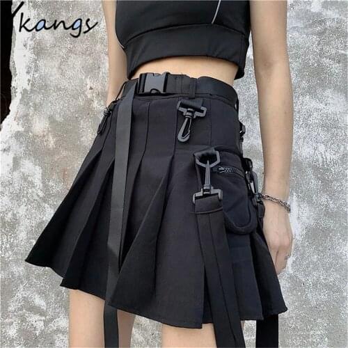 Preppy Style Women Gothic pleated Skirts 2021 Summer pocket Female High Waist Lace Up Big Hem Mini Skirt For Girls A-Line Skirt