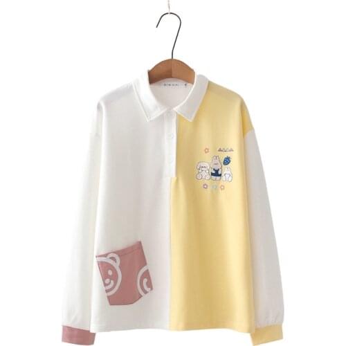 Women Patchwork Sweatshirt Preppy Style Girl Funny Rabbit Embroidery Stitching Hit Color Girl Turn-down Collar Casual Pullovers