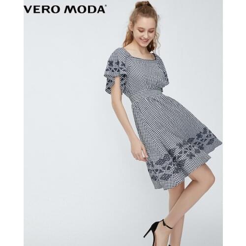 Vero Moda Women‘s Plaid Embroidery Print Elbow Sleeves Dress | 31926Z527