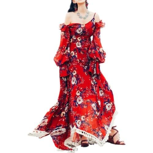 Fall 2019 Women Fashion Dress Strappy Floral Print Maxi Dress Lantern Sleeve Tassels Lap Boho Red Dress High Quality Vestidos