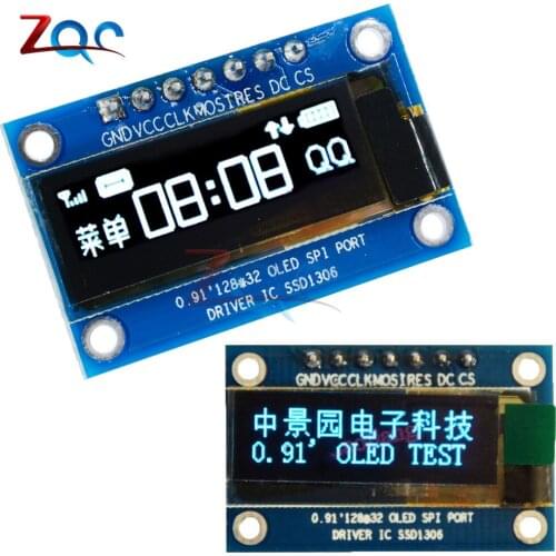 0.91 Inch SPI 128x32 White/Blue OLED LCD Display DIY Module SSD1306 Driver IC DC 3.3 -5V for Arduino PIC