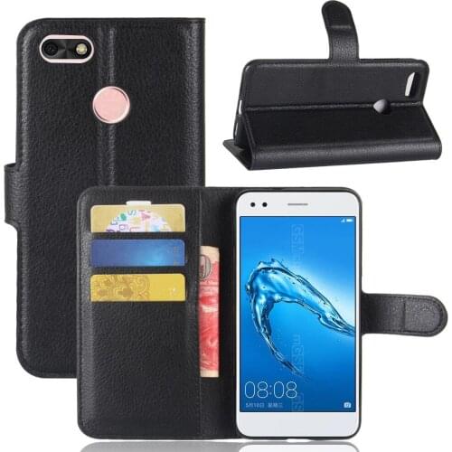 100pcs/lot Lichi wallet PU Leather stand+TPU Cover Case with card slot for Huawei p9 lite mini / y6 pro 2017