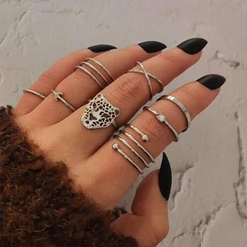 8 Pcs/Set Women Retro Rings Set Bohemian Cross Geometric Leopard Head Hollow Silver Color Ring Beach Party Jewelry