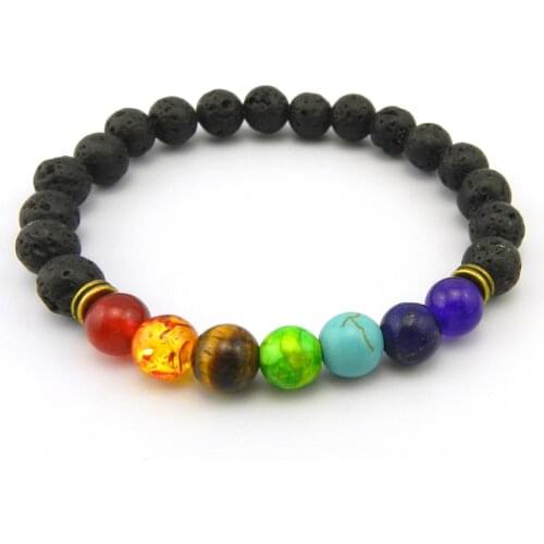 Hot selling natural stone bracelet 8mm energy volcanic rock chakra colorful seven pulse Lun bracelet bracelet Couple Bracelet