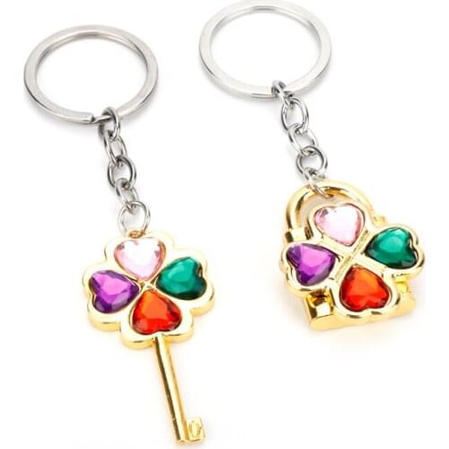 Dongsheng multicolor Leaf petal Key and lock Keychain Four Leaf Clover Lucky Key Chain Jewelry Couple lover Keyring -50