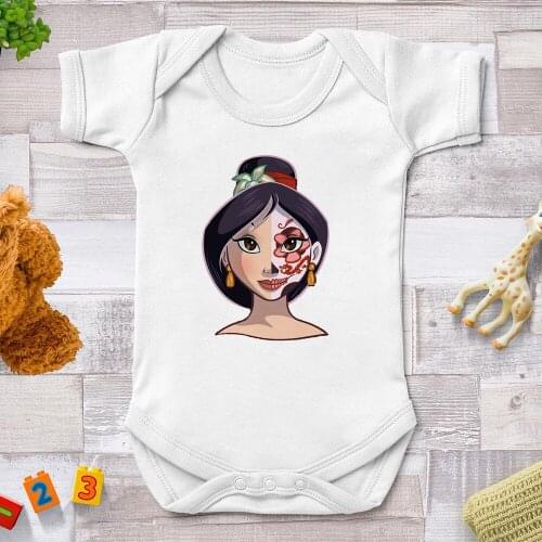 Mulan Disney Princess Funny Aesthetics Baby Rompers Newborn Summer Clothes Harajuku White Short Sleeve Infant Clothing 0-24M