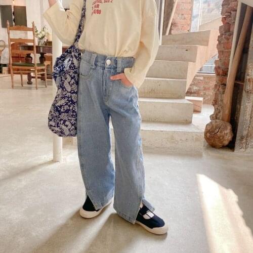 Toddler Girls Jeans Pants Korean Baby Wide Leg Denim Pants 2021 Spring Autumn New Fashion Split Jeans For Girls Kids Trousers