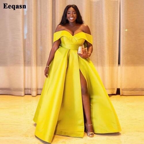 Eeqasn Lemon Yellow Off The Shoulder Evening Dresses Satin African Women Prom Gowns Side Slit Simple Plus Size Formal Dress
