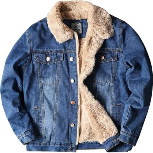 Idopy Winter Warm Denim Jacket Wool Lined Blue Classic Fleeced Thick Fur Collar Thermal Jeans Jacket and Coat S-4XL