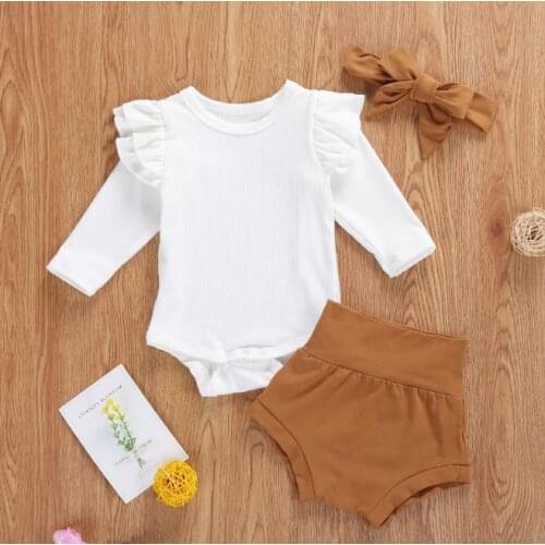2021 Newborn Baby Girls Autumn Winter Outfit Set Long Sleeve Solid Color Romper Shorts Headband Baby Set
