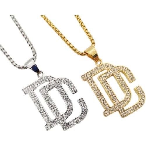 Iced out Bling Bling full rhinestones Letters DC pendant necklace Gold 316L stainless steel mens hip hop rock DC necklace