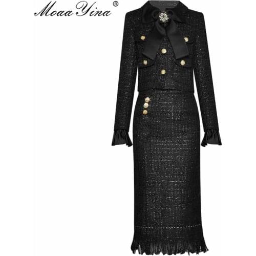 MoaaYina Fashion Designer Set Spring Autumn Womens Long sleeve Single-breasted jacket Tops+package hip skirt Two-piece set