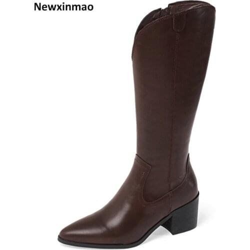 Fashion Genuine Leather Women Mid-Calf Boots 2021 new Autumn Winter Thick Heels Shoes Women Night Club Party Shoes Woman