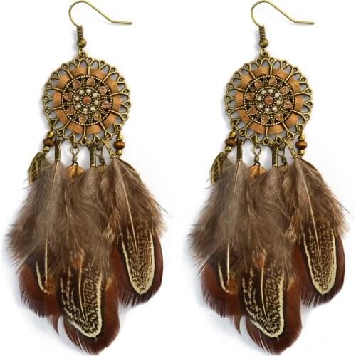 Ethnic Bohemian Feather Dangle Drop Earrings for Women Hippie Brown Feather Earring Brincos Festival Party Tribal Jewelry Gift