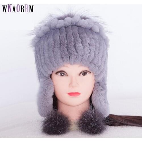 New Fur Hat For Women Winter Rex Rabbit Fur Hat Ear Protector Caps knitted Hats Gray Wholesale Winter Hat With Fashion Style