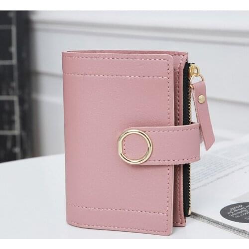OkoLive WB0007 New Korean Fresh Short Womens Purse Buckle Pu Leather Solid Color Lovely Student Small Purse Card Bag Hand Bag