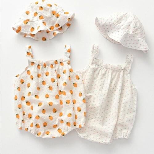 Baby Girls Clothes Summer Infant Girl Clothing Set Sleeveless Bodysuit Twin Baby Toddler Girls Cartoon Pattern Jumpsuit + Hat