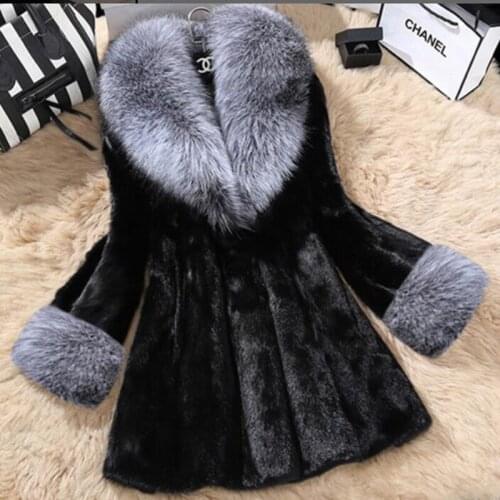 Faux fur coat oversize imitation mink fur long fox fur collar slim fit winter fur coat luxurious plush thick warm coat