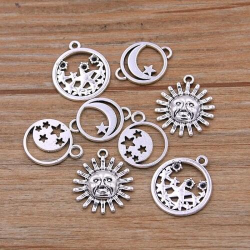 20PCS 4 Styles Picture Color Round Sun Stars Moon Charms Natural Connector Metal Alloy DIY Necklace Bracelet Handwork Marking