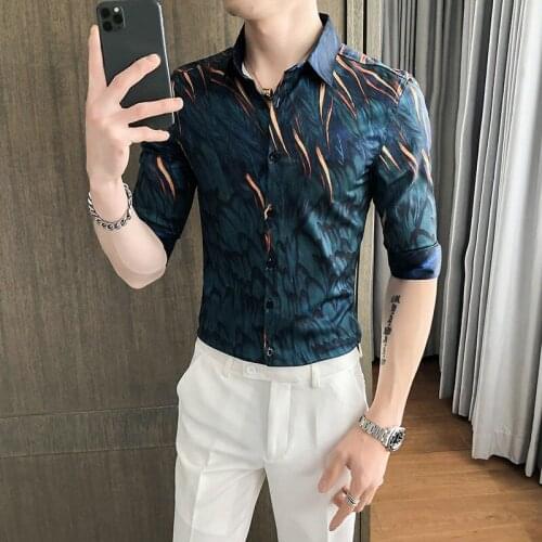 Ropa Hombre Casual Shirt Printing Lovers Fashion Summer New Hot Neutral Slim Middle Sleeve Tidal College Current Dress
