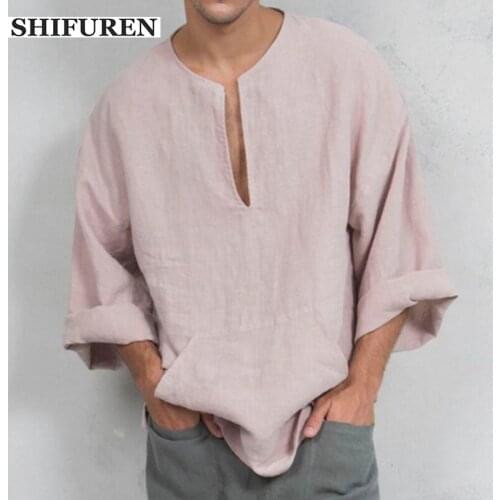 SHIFUREN Mens Cotton Linen Shirts Long Sleeve Tops Causal Solid Color V-Neck Loose Thin Breathable Male Blouse Plus Size M-3XL