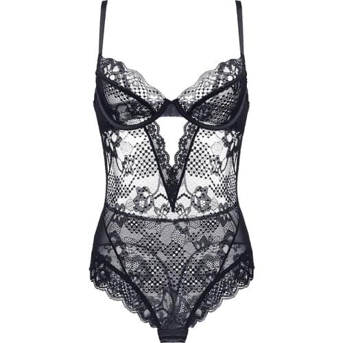 Sexy Bodysuit For Women Unlined Ultra-thin transparent without sponge Hollow Out Floral Lace Corset Sexy Jumpsuit Lingerie