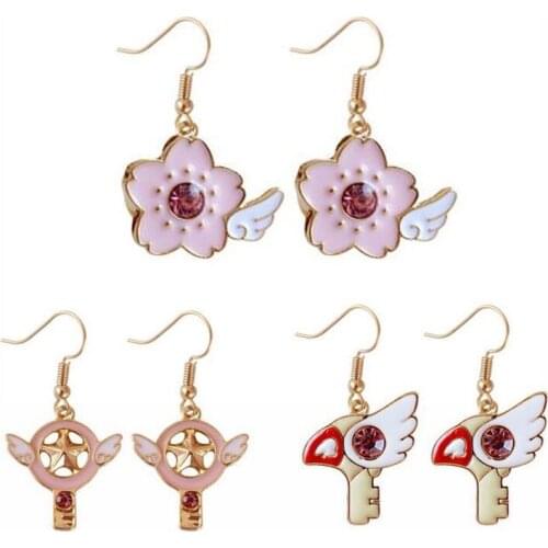Women Eardrop Jewelry Pink Enamel Angel Wing Star Heart Card Captor Sakura Cherry Flower Earring Women Girl Party Accessories