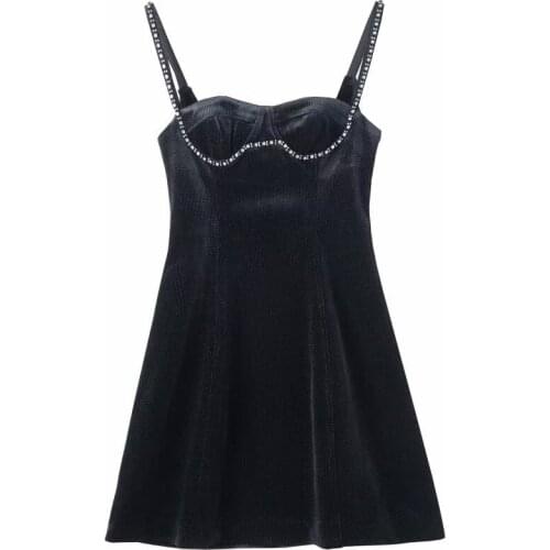 Spring New Boat Neck Velvet Sling Dress Womens Diamond-studded Beaded Sleeveless High Waist Party Spaghetti Strap Dress y1021