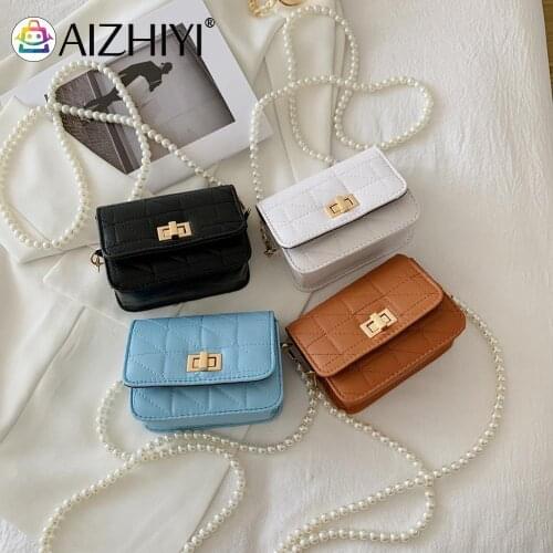 Fashion Women Bags PU Leather Lattice Pattern Pearl Mini Flap Shoulder Crossbody Fashion Cell Phone Crossbody Bag