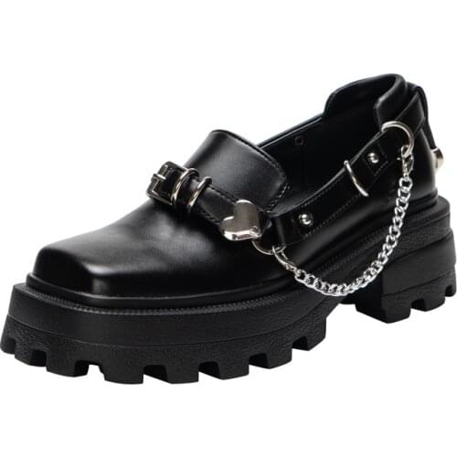New Women Shoes Girls Thick Heels Woman Chain Brand Shoes Ladies Round Toe Shoes Female Slip On Shoes Fashion Oxford Black Shoes