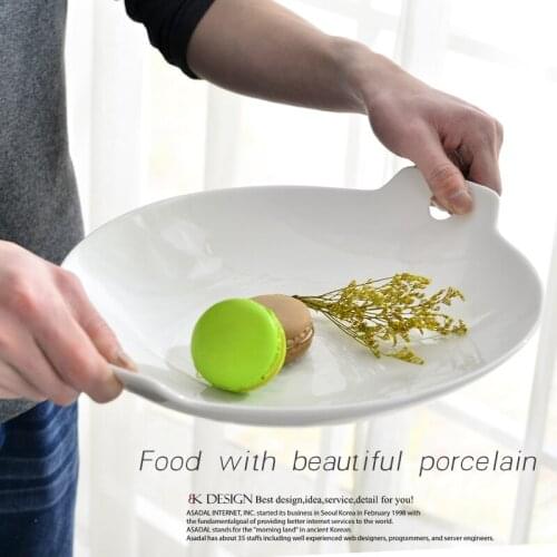 Creative pure white ceramic plate hotel tableware Western food plate steak dessert fruit plate fish plate double ear household