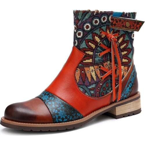 Vintage Ladies Fashion Boots PU Fringed Cross Tied Print Patchwork Zipper Low Heel Womens Ankle Boots Floral Boots Bohemian 9jk