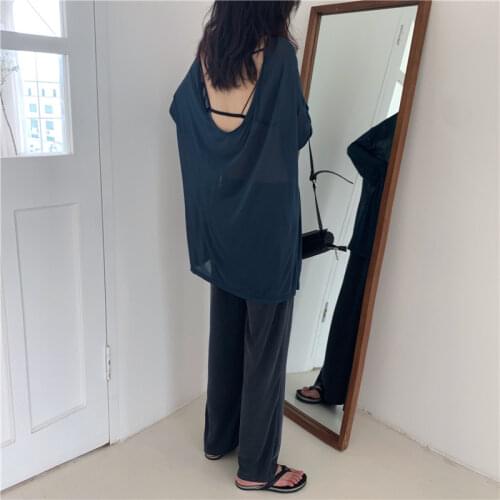 Women 2020 Fashion Two Piece Outfits Sexy Hollow Out Back Split Long Shirt&High Waist Wide Leg Pants Sets 2Pc Casual Pants Suits