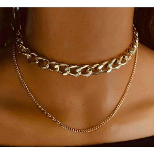 Duftgold New Exaggerated Crude Double Layer Chains Necklaces Geometric Fashion Choker Necklace for Women Jewelry Schmuck Gold