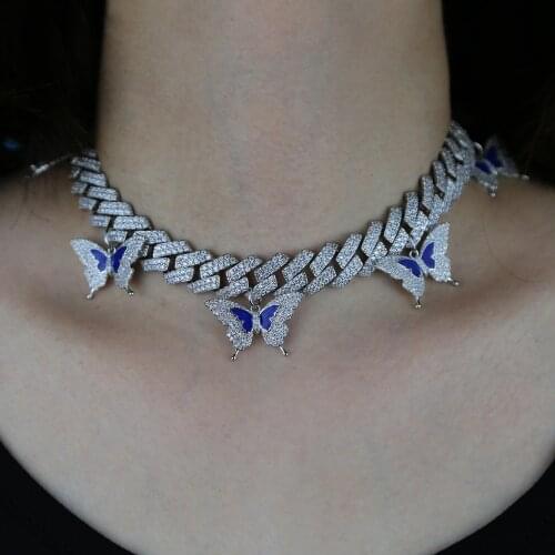 Ice Out Hip Hop Enamel Blue Butterfly Necklace Paved White Cz Cool Design For Women Wedding Jewelry 2021 New Style
