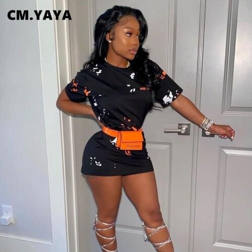 CM.YAYA Women Dress Short Sleeve O-neck Loose Straight Mini Dresses Female High Street Sexy Fashion Casual Dress Summer Outfit