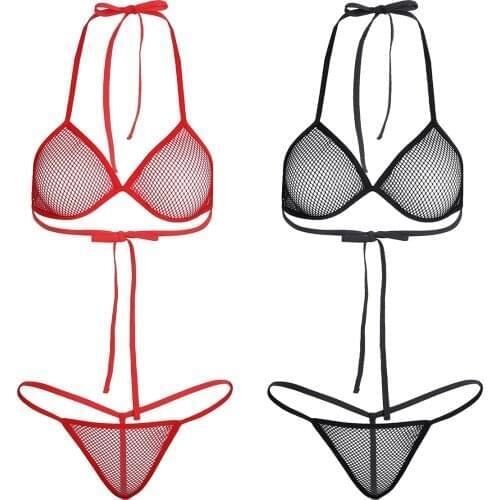 Women Erotic Sexy Lingerie Set Erotic Underwear Transparent Fishnet See-through Mini Bikini Bra Top with Micro G-strings Thongs