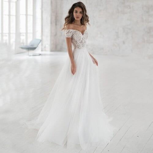 Off The Shoulder Sweetheart Appliqued Lace Tulle A-Line Boho 2021 Spring 2020 Fall Wedding Dress Bridal Gown Vestido De Novia