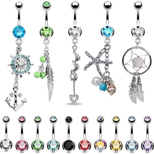 15PCS Belly Button Rings Dangle Barbells 14G Multicolor Surgical Steel CZ Navel Piercing Body Jewelry