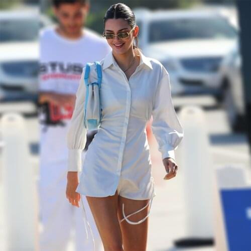 2021 Kendall Jenner Inspired Shirt Dress Drawstring White Silk Long Sleeves Casual Outwear