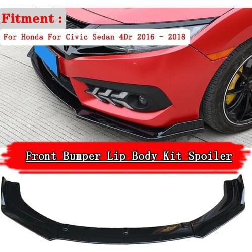 3pcs Car Front Lower Bumper Lip Spoiler Body Kit For Honda For Civic Sedan 4Dr 2016-2018 Carbon Fiber Look / Black