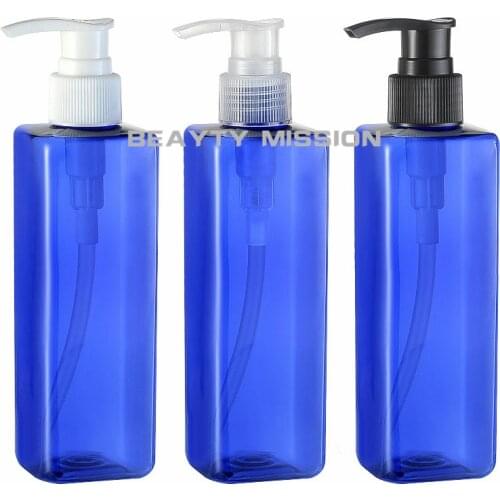 BEAUTY MISSION 24 pcs 250ml Square blue screw lotion pump bottle 250cc shower gel packaging container PET bottle with dispenser