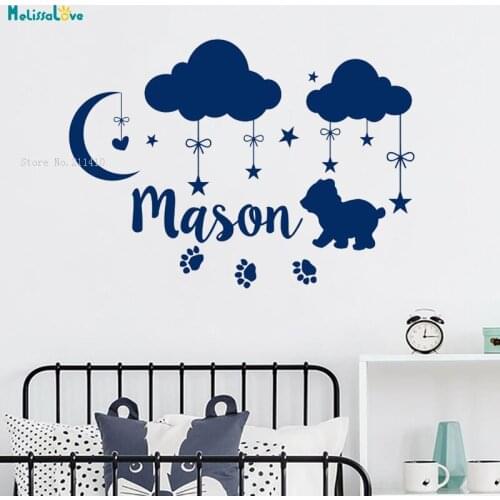 Baby Bear Clouds Boy Name Wall Decals Woodland Vinyl Sticker Personalized Name Moon and Stars For Nursery Decoration YT2937