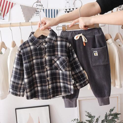 New Winter Warm Children Cotton Clothes Baby Boys Plaid Thicken Shirt Pants 2Pcs/sets Infant Kids Fashion Velvet Tracksuits Suit