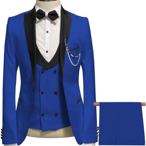 Brand New Men Suits Royal Blue and Black Groom Tuxedos Peak Lapel Groomsmen 3 Pieces Set ( Jacket+Pants+Vest+Bow Tie ) D340