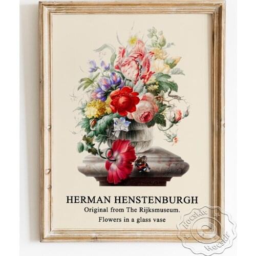 Herman Henstenburgh Exhibition Museum Poster, Flowers In A Glass Vase Classical Canvas Painting, Butterfly Home Decor Art Prints